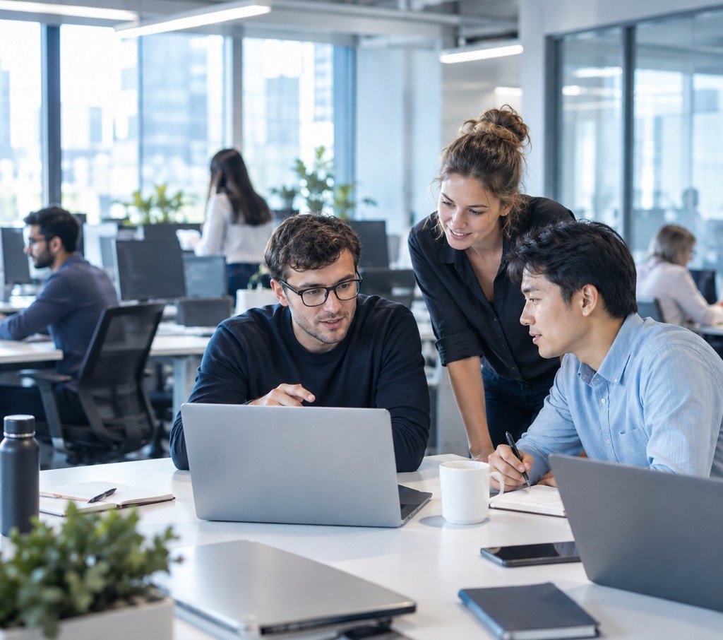 Engineers collaborating around a laptop in the office