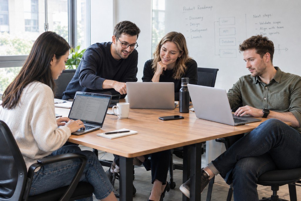 Team collaborating around a table with laptops in a modern office