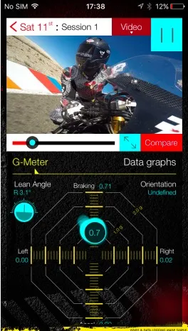 Mobile app Track Day Genius interface - G-force measuring