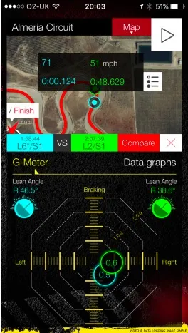 Mobile app Track Day Genius interface - map overlay