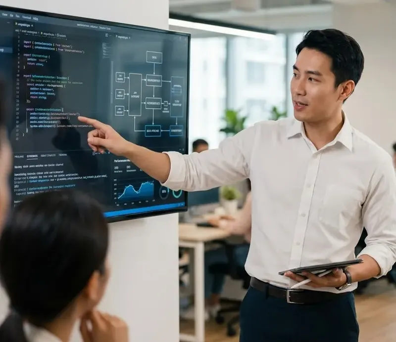 Engineer reviewing ERP architecture diagrams