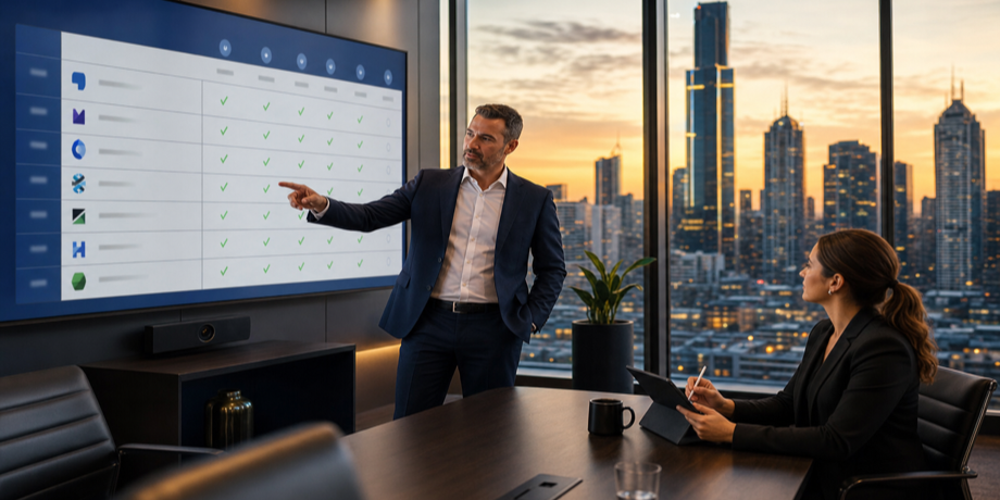 Australian executives in a Melbourne boardroom reviewing a shortlist comparison of offshore software development companies on a wall display