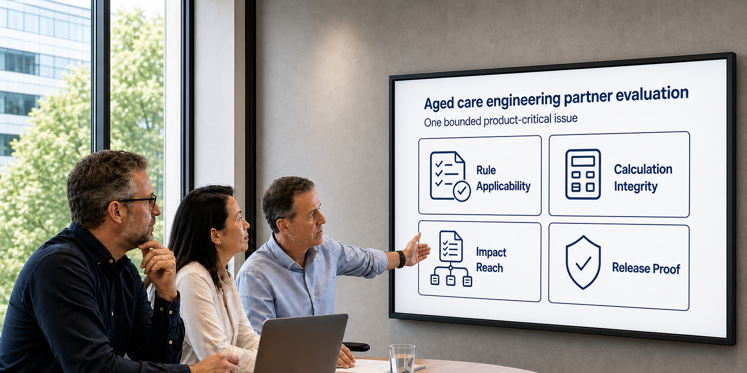 Australian aged care SaaS leaders reviewing an engineering partner across four product-change evidence gates