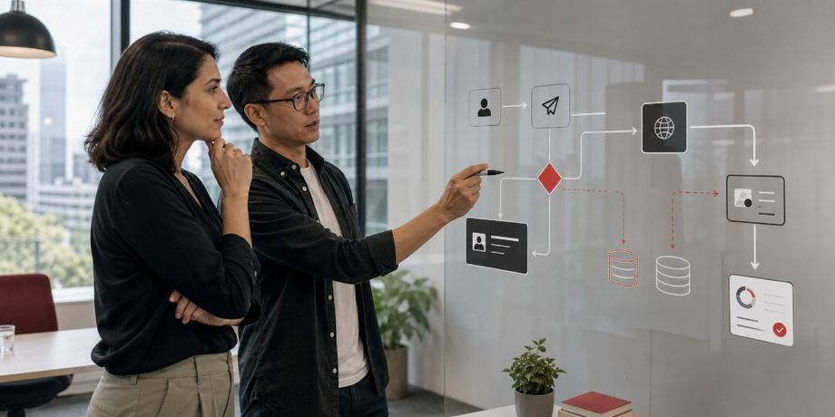 Australian business leader and software engineer mapping a customer portal journey, system integrations and access decisions before development