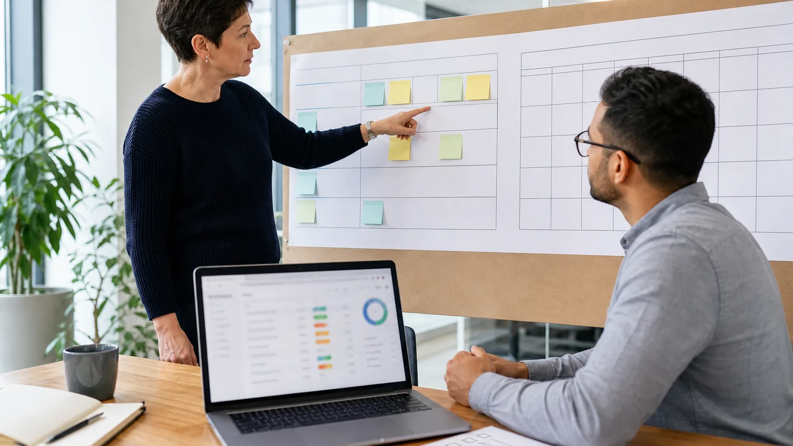 Product lead and engineer reviewing a sprint board, calendar and release checklist in an Australian office