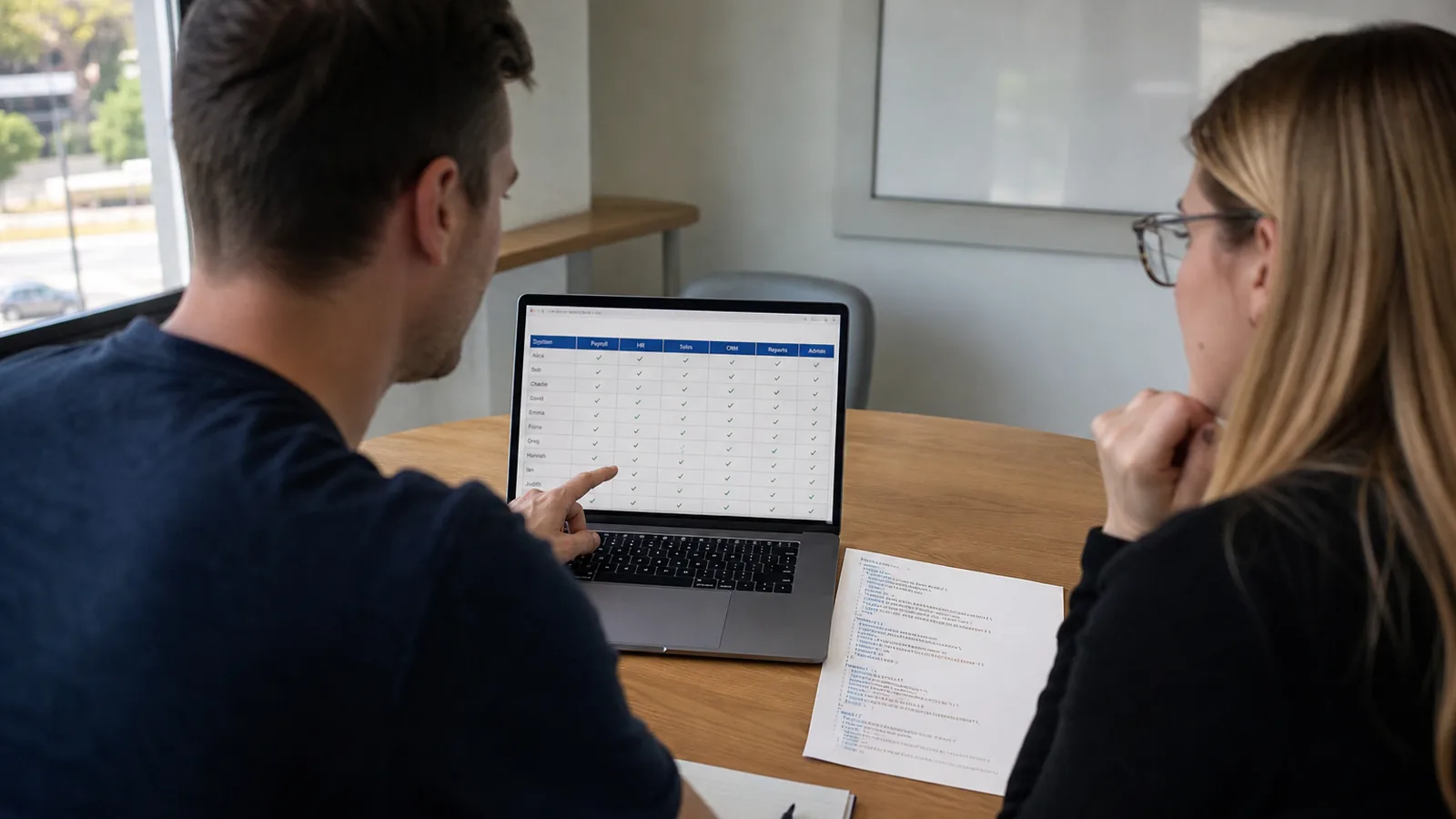 Two people reviewing a source-code and system access matrix on a laptop, without lock or hacker imagery