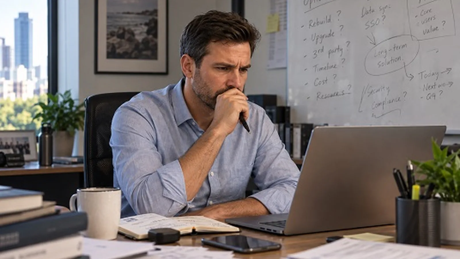 Professional reviewing technical options on a laptop beside a whiteboard with rebuild, upgrade and integration notes