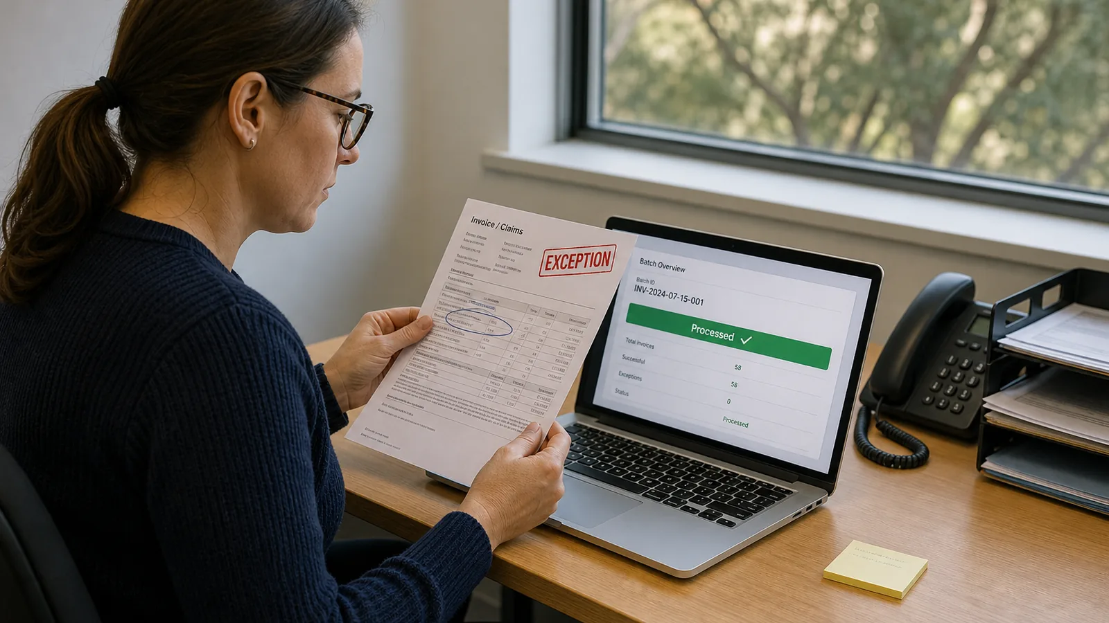 Operations coordinator comparing a paper invoice stamped EXCEPTION with a laptop batch screen that still shows zero exceptions