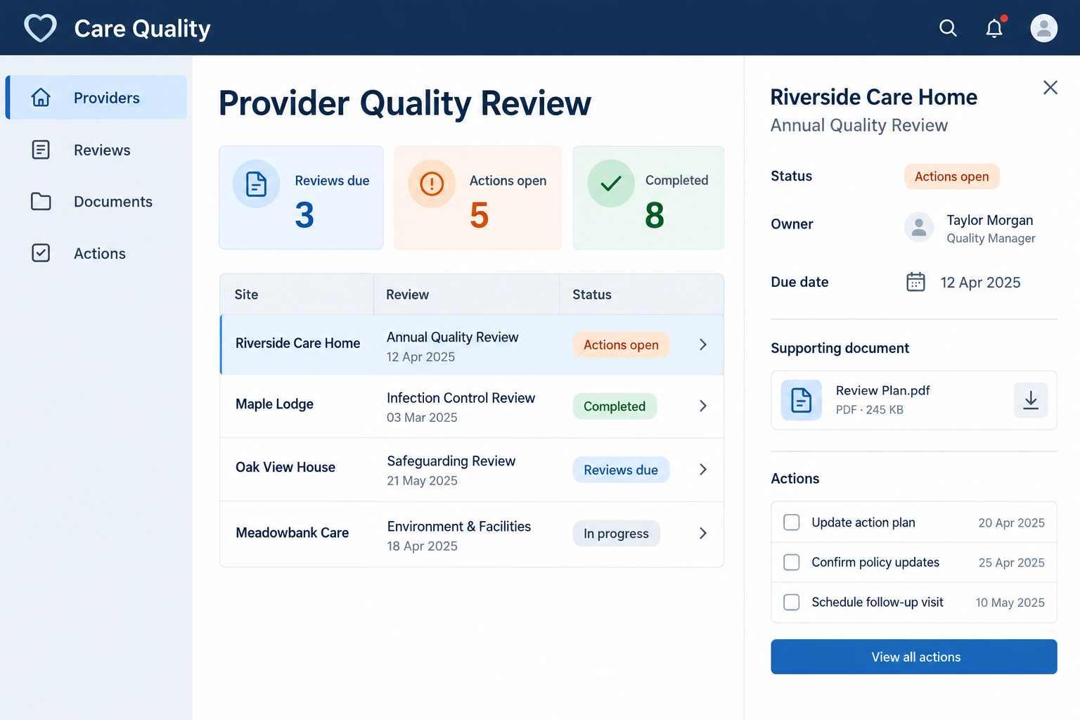 Illustrative aged care quality system interface