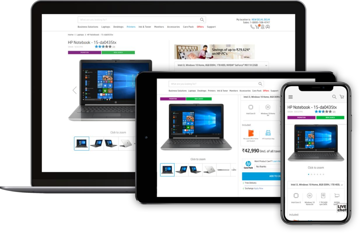 Magento storefront interface shown on desktop, tablet and mobile in the original case study