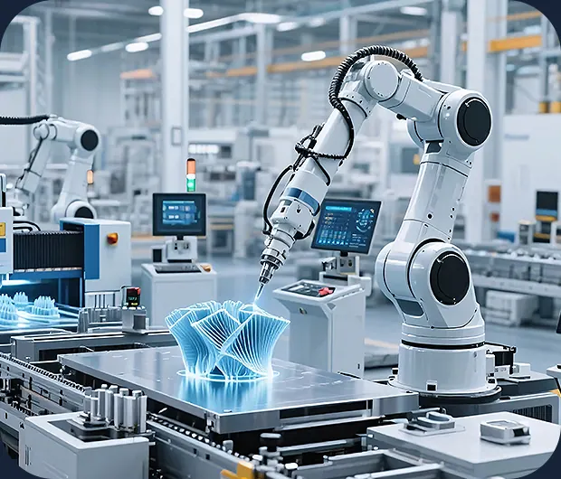 Industrial robot arm on a smart manufacturing floor
