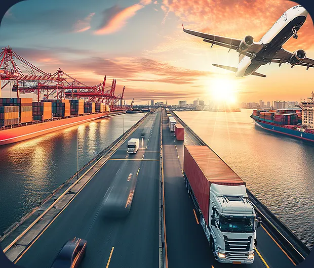 Trucks, cargo ships and aircraft at a global logistics hub