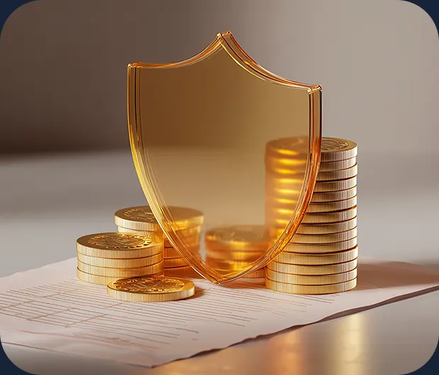 Gold shield and coins representing finance and insurance protection