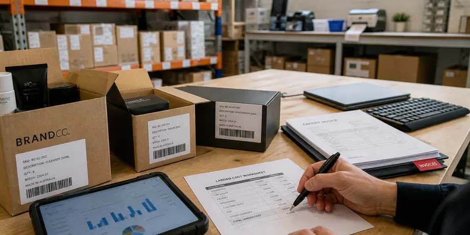 E-commerce fulfillment desk with inventory, invoices and analytics tablet