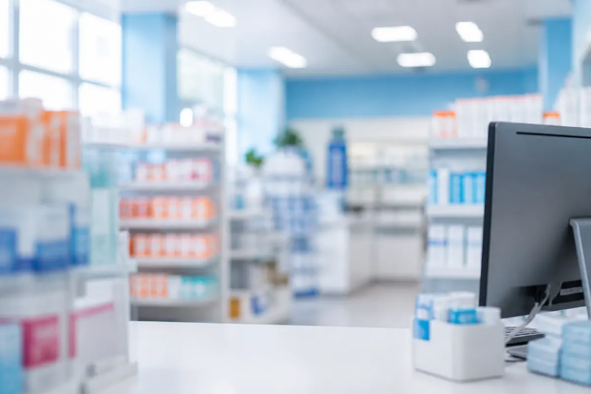 Modern pharmacy counter and medicine shelves