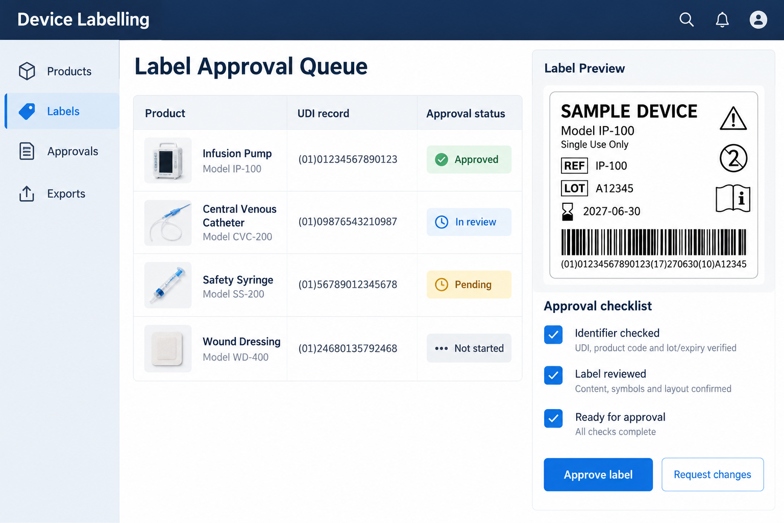 Illustrative medtech labelling system interface