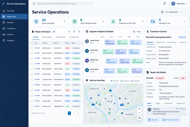 AI-generated concept of a housing-maintenance ERP with repair requests, engineer dispatch, call-centre work and vehicle allocation
