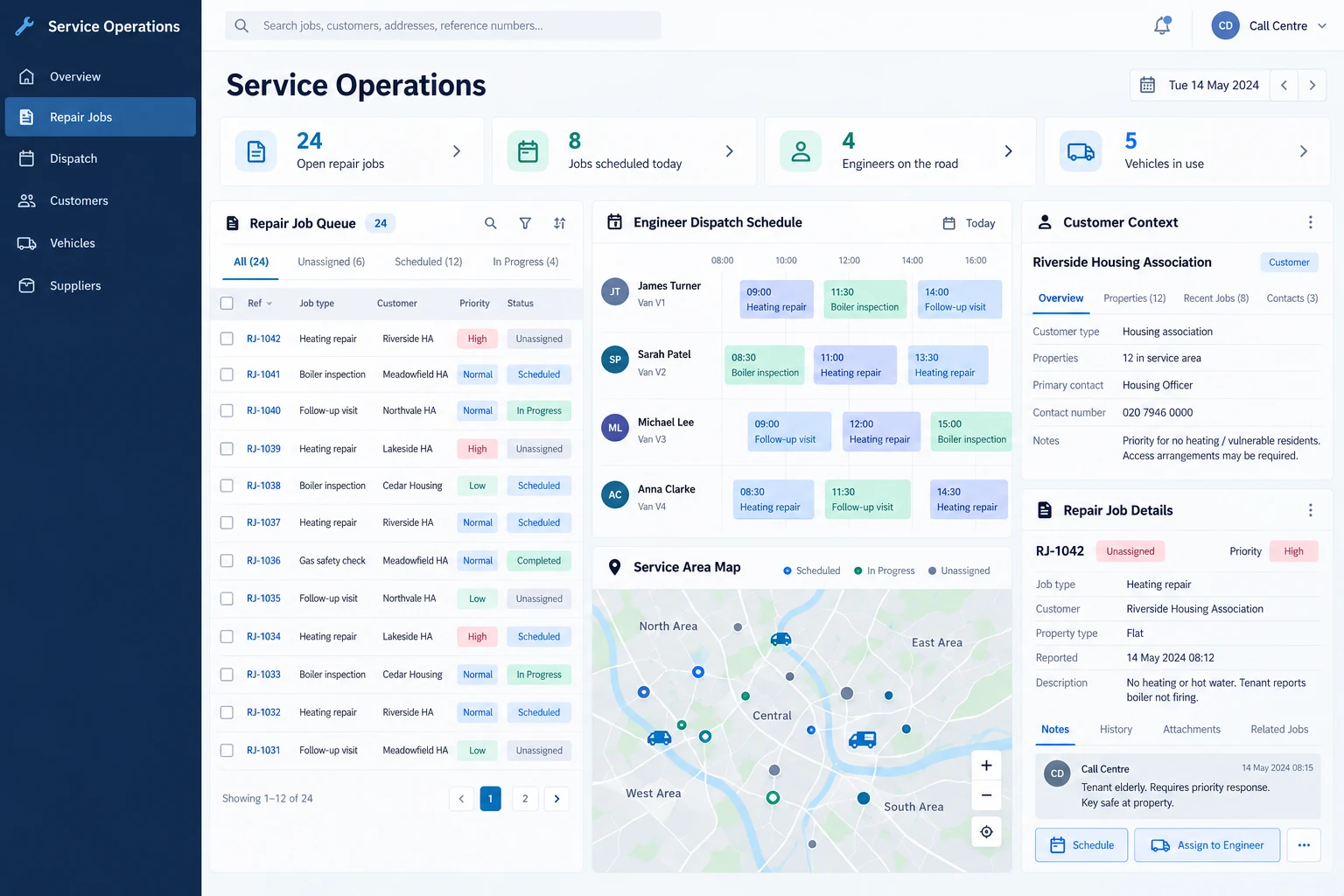 AI-generated concept of a housing-maintenance ERP with repair requests, engineer dispatch, call-centre work and vehicle allocation