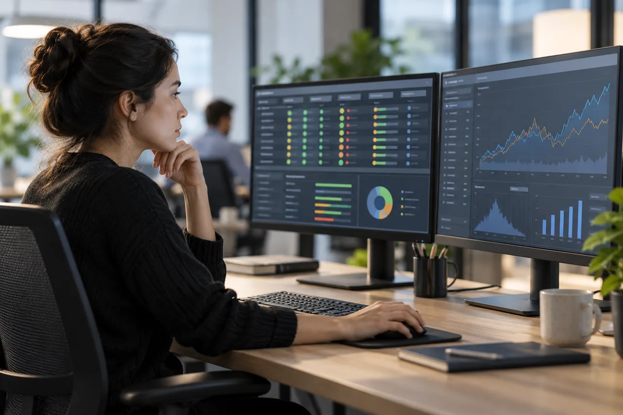 AI-generated illustrative scene: Software quality assurance workstation with two monitors showing abstract test result grids and a market simulation chart, no brand names, no readable code, professional calm office photography.