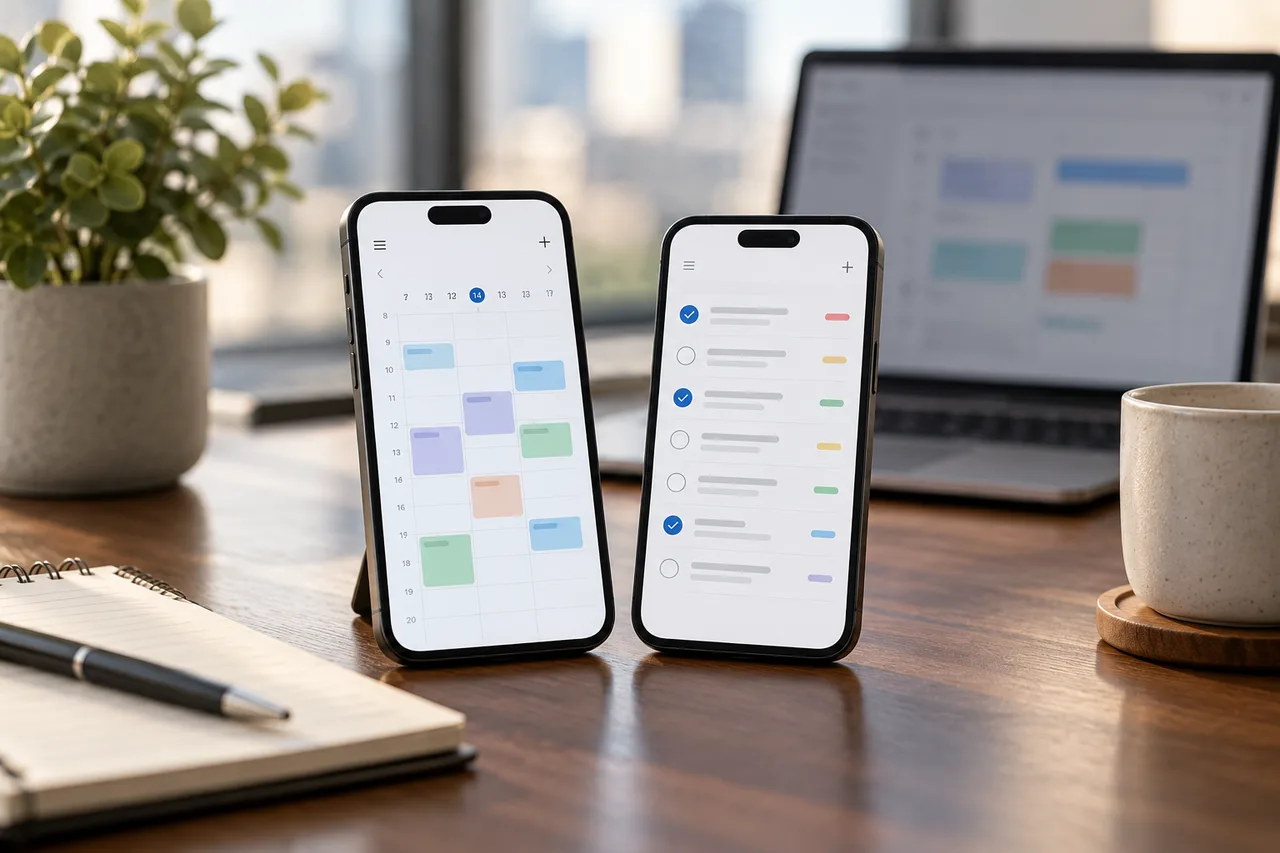 AI-generated illustrative scene: Two period-neutral unbranded mobile phones on a business desk displaying abstract calendar and task interfaces, laptop softly blurred behind, refined product editorial photography, no logos or app-store badges.