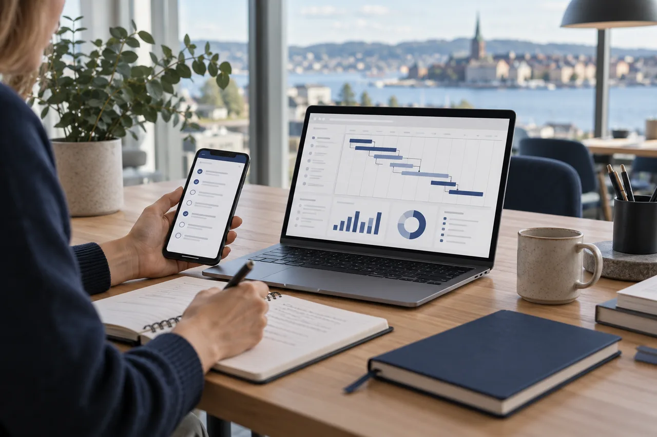 AI-generated illustrative scene: Scandinavian project planning workspace with architectural notebooks, laptop displaying abstract project timelines and cost charts, mobile device showing a generic task list, soft daylight, no brand logos.
