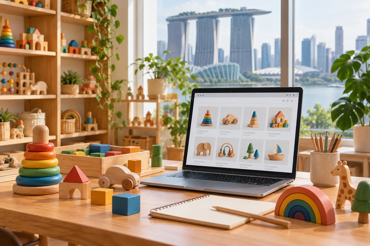 AI-generated illustrative scene: A tasteful Singapore toy retailer workspace with colourful unbranded wooden toys and a laptop displaying a generic product catalogue, warm daylight, clean commercial photography, no people, no logos.