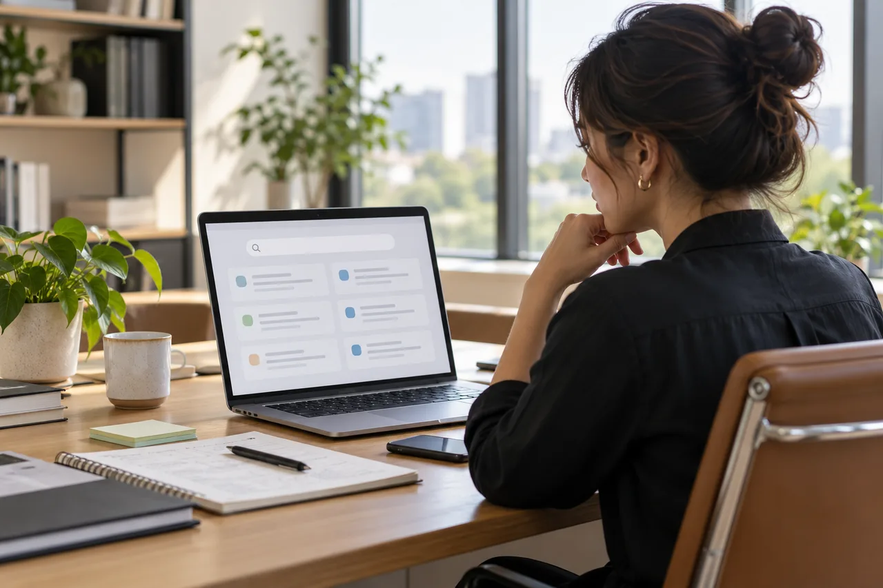 AI-generated illustrative scene: Business operations workspace with laptop displaying a restrained abstract search interface and grouped result cards, a few unbranded planning notes, clean office, natural light, no logos or readable text.