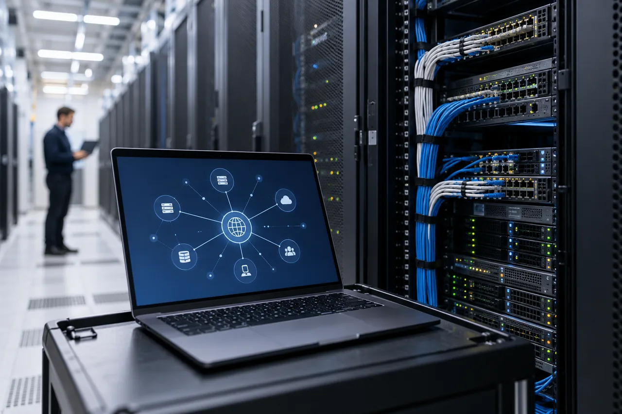 AI-generated illustrative scene: International branch IT infrastructure scene with orderly server rack and a foreground laptop displaying an abstract hub-and-spoke network diagram, clean modern data centre, no company names or security details.
