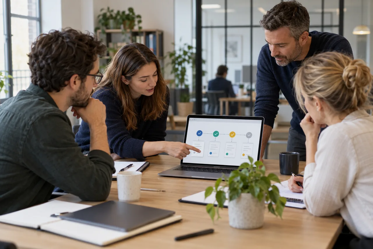 AI-generated illustrative scene: A cross-department operations desk with laptop showing abstract approval stages and connected document cards, understated British office interior, no organisation names or readable private documents.