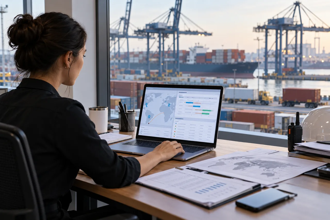 AI-generated illustrative scene: Freight coordination desk with shipping documents, laptop displaying abstract booking and purchase-order panels, container terminal visible through a window, no shipping brands, no legible customer data.