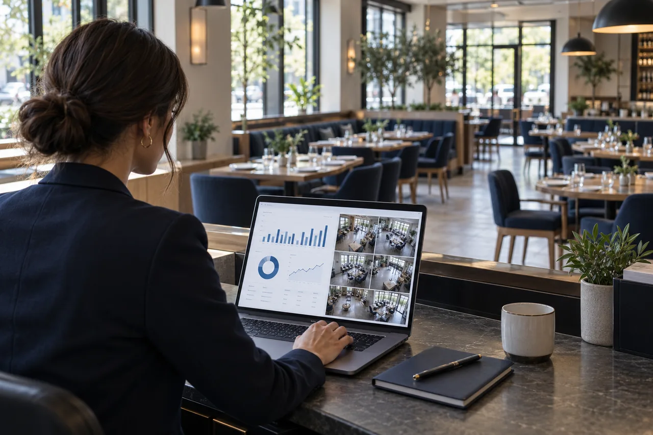 AI-generated illustrative scene: A restaurant operations manager workstation overlooking an empty modern dining room, laptop with abstract sales charts and a small anonymous overhead camera-feed grid, no facial recognition boxes, no identifiable customers.