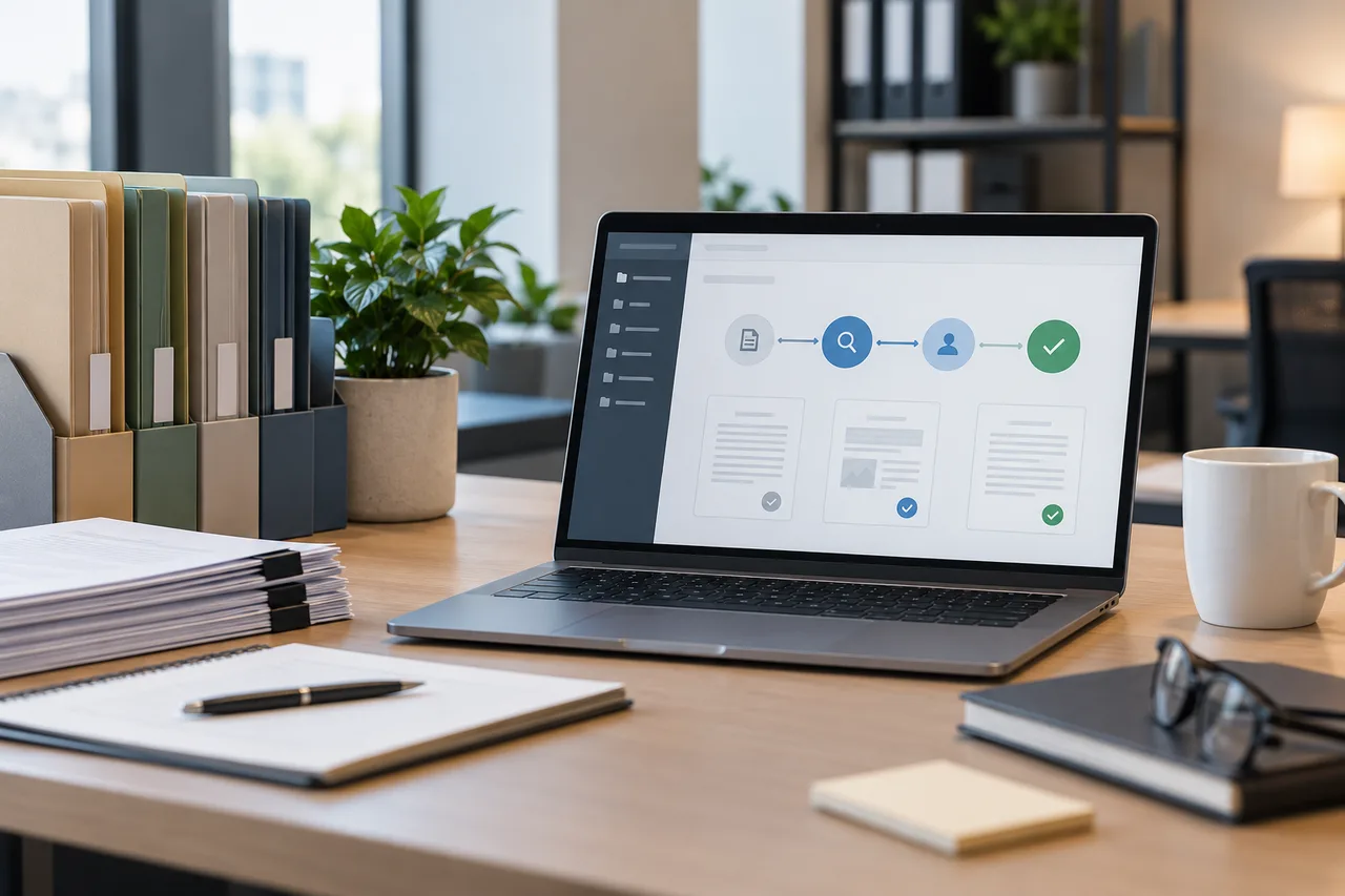 AI-generated illustrative scene: A clean enterprise document management workspace with neatly arranged folders, laptop showing abstract document review and approval stages, subdued office setting, no company names and no readable private documents.