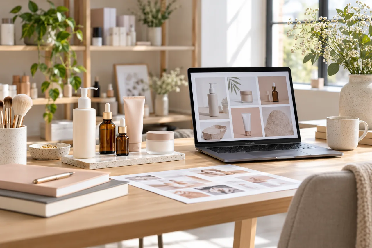 AI-generated illustrative scene: Beauty retail catalogue workspace with unbranded cosmetic bottles, neutral packaging and laptop displaying abstract product tiles, bright editorial still life, no logos or legible text.