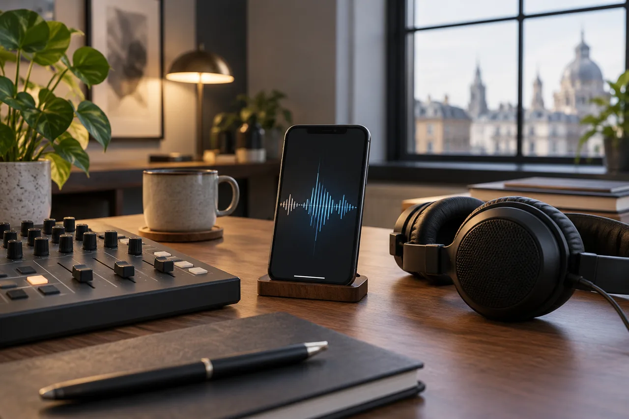 AI-generated illustrative scene: An unbranded classic compact smartphone beside studio headphones and a simple audio control surface, abstract waveform on screen, elegant British software studio desk, no logos or readable text.