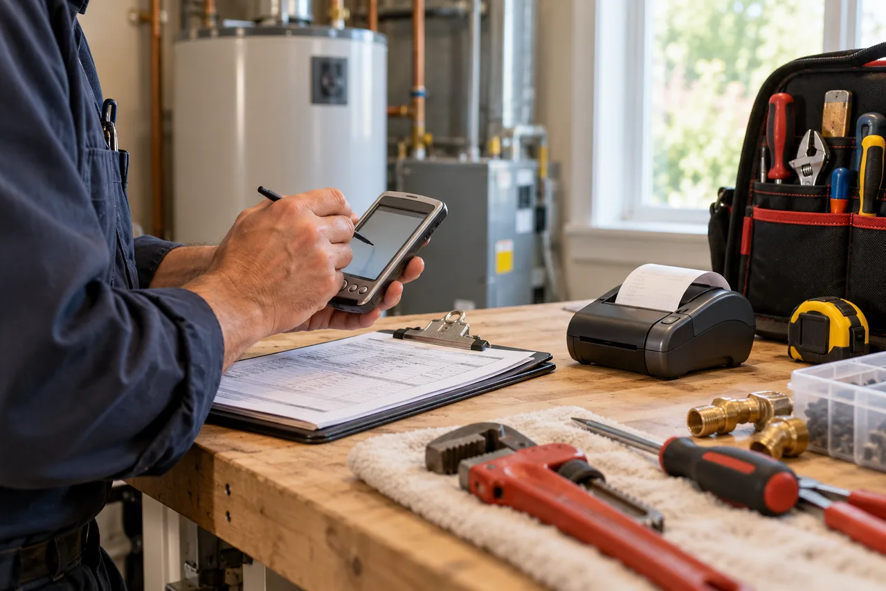 AI-generated illustrative scene: Property maintenance technician workbench with a period-appropriate compact handheld PDA, stylus, service paperwork and small portable printer, residential repair tools, no modern smartphone, no client branding.