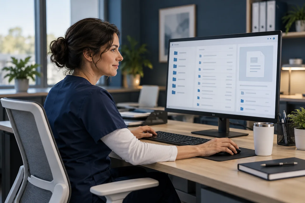 AI-generated illustrative scene: Healthcare information administration workspace, monitor displaying abstract site folders and document distribution panels, quiet office with no patients, no identifiable records, restrained navy and neutral palette.