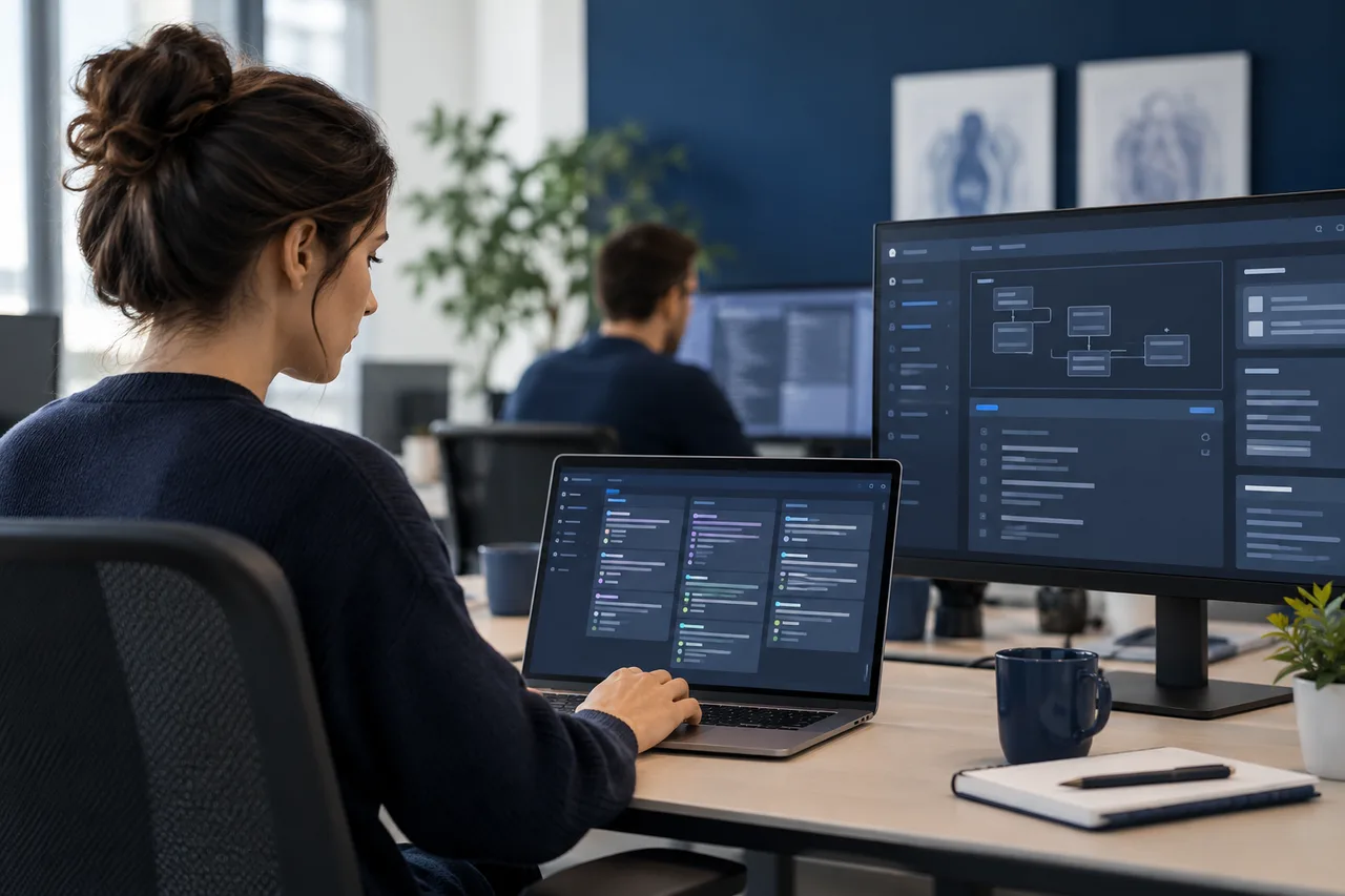AI-generated illustrative scene: A calm medical software development office, laptop with abstract engineering task board and a second monitor with generic application panels, no patients, no patient data, no diagnostic claims, navy neutral palette.