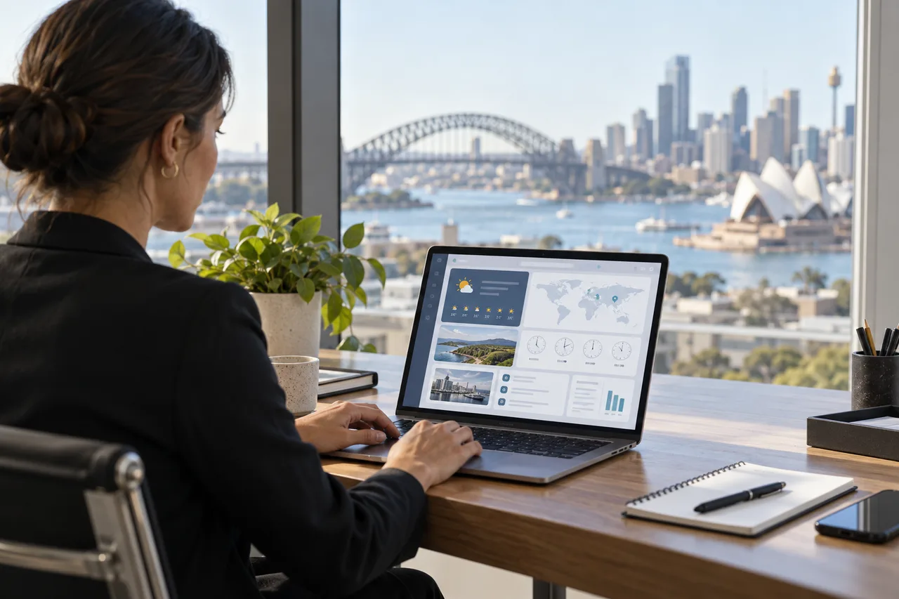AI-generated illustrative scene: Australian office workspace with laptop showing a generic modular portal of weather, world time and reference widgets, neutral city light through window, no trademarks or legible personal data.