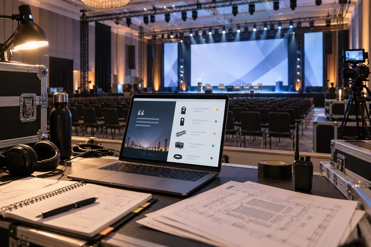 AI-generated illustrative scene: Event production planning desk overlooking an empty conference hall with staging equipment, laptop showing abstract quote and equipment inventory panels, professional editorial photograph.