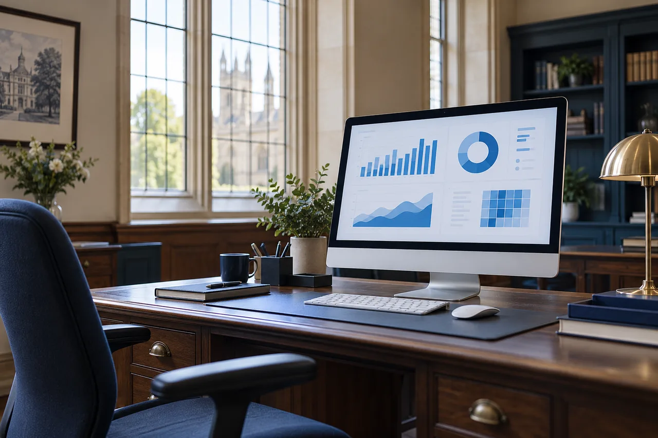 AI-generated illustrative scene: A quiet historic British hospital administrative office with modern desktop monitor showing abstract blue financial and bed-occupancy charts, no patients, no personal records, tall windows and natural daylight.