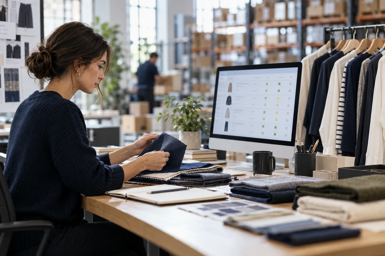 AI-generated illustrative scene: Fashion distribution and product operations workspace, folded fabric swatches and clothing rail beside a monitor with abstract product inventory rows, warehouse shelving softly blurred, premium natural editorial photography.