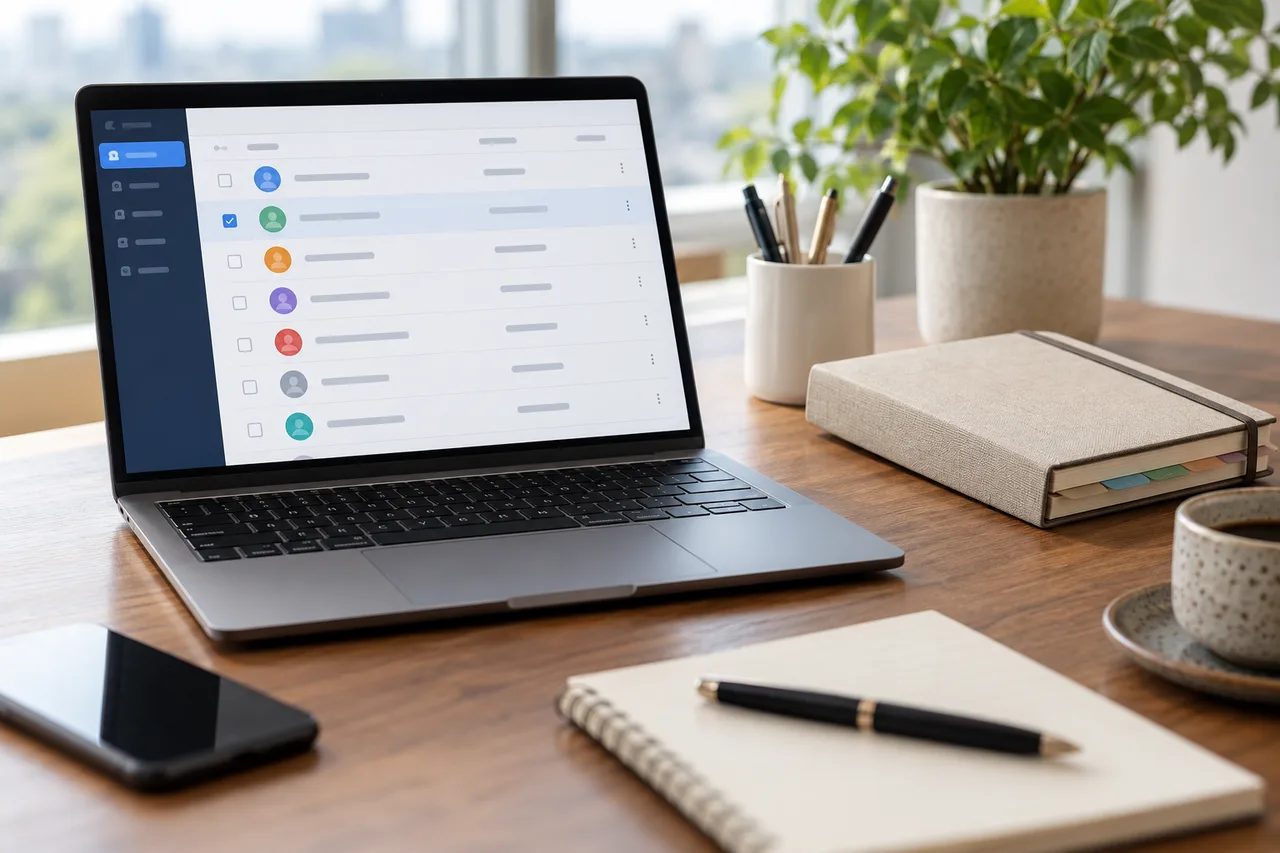 AI-generated illustrative scene: Office contact management workstation, laptop with abstract contact rows and selection controls beside neutral address-book stationery, no names, no email addresses, no private information, clean photography.